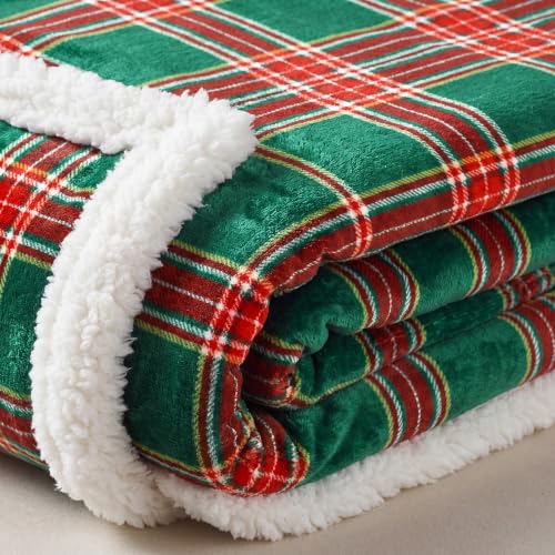 Fanfanwin Christmas Sherpa Throw Blanket, Tartan Plaid in Red & Green - 50x60