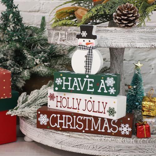 Red Large Christmas Snowman Wooden Table Sign Decor - Holiday Centerpiece, Farmhouse Winter Holiday Office Desk Tiered Tray Christmas Decorations