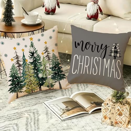Christmas Forest Throw Pillow Covers Set 18x18 Inch - Pack of 4 - Holiday Home Decor