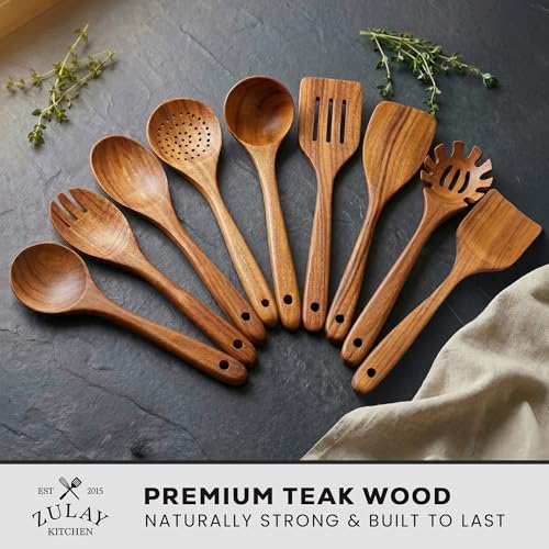 9-Piece Teak Wood Cooking Utensil Set - Non-Toxic & Non-Stick Safe Kitchen Tool Kit with Comfortable Grip - Standard Variation