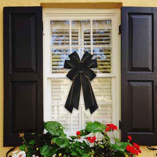 Luxury Black Gold Halloween Wreath Bow - Extra Large Wired Christmas Decor for Front Doors, Holiday Trees & Festive Indoor Outdoor Decorations, 11.42x20.87 Inch