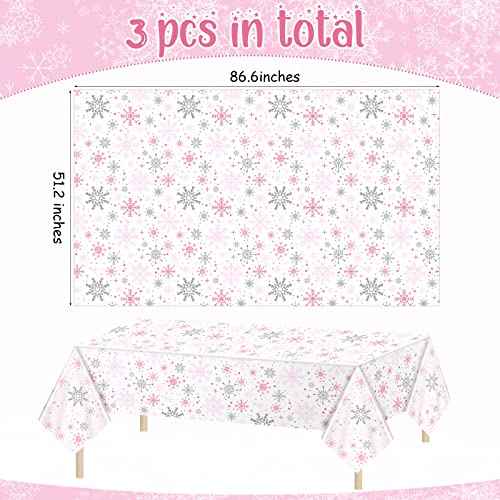 Jecery 3 Pcs Winter Snowflake Tablecloth Birthday Party Decorations Winter Snowflake Wonderland Plastic Table Cover Cloth for Kid Girl Birthday Baby Shower Party Supplies (Pink)