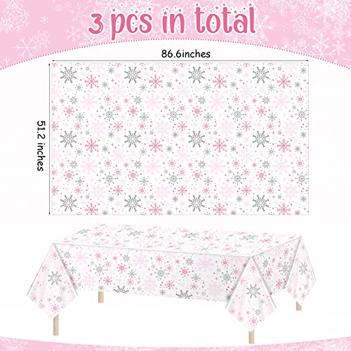 Jecery 3Pcs Pink Winter Snowflake Tablecloths – Waterproof Plastic Party Linens