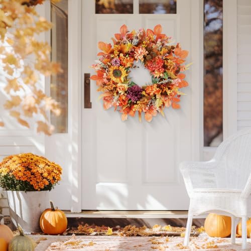 Luxurious Fall Wreath 26 Inch Front Door Decor Sunflowers Hydrangeas Dahlias Autumn Leaves - Outdoor Indoor Thanksgiving Harvest Farmhouse