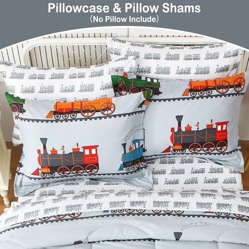 Viviland Kids Twin Bedding Sets with Light Grey Train Pattern, 5 Pieces - Comforter, Sheets & Pillowcase, Twin Size