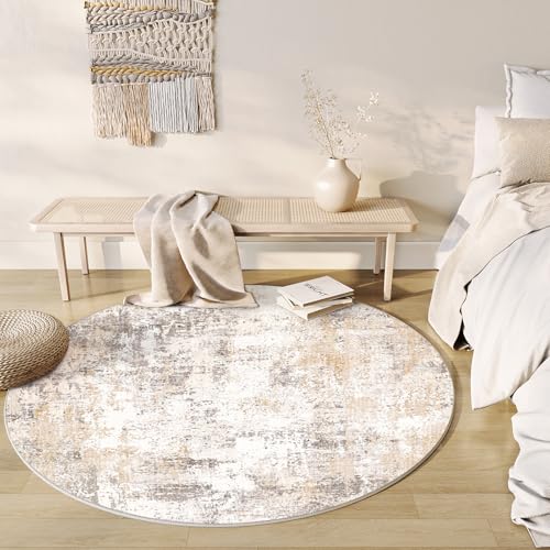 Beige Grey Abstract Round Rug - Low Pile 8ft Indoor Floor Covering with Non-Slip Backing