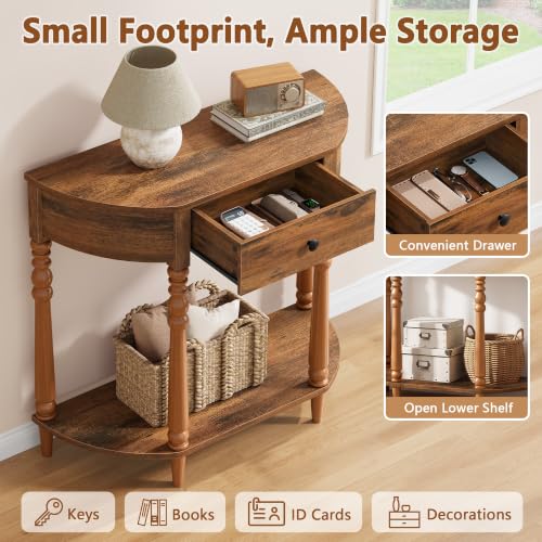 Hoctieon Half Moon Console Table with Drawer - Rustic Brown Entryway Table