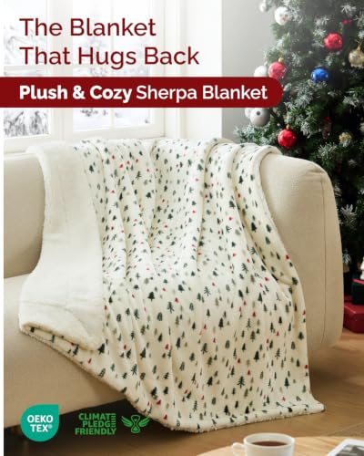 Christmas Sherpa Blanket Throw Size, Reversible - Trees, 50x60