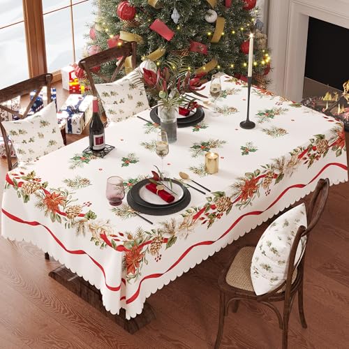 HOMOHEINI Christmas Tablecloth 60x84 White Rectangle with Trees & Snowman, Washable Polyester