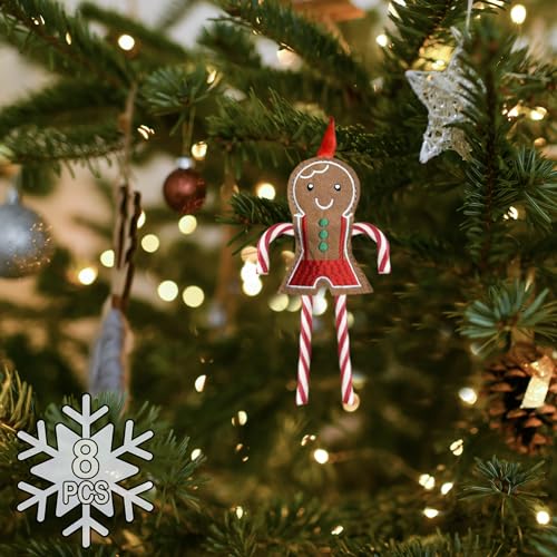Set of 8 Felt Gingerbread Candy Cane Ornaments for Christmas Tree Decorations