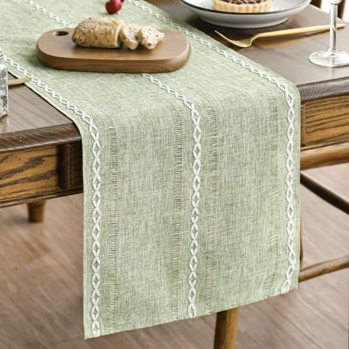 Artoid Mode Sage Green Rustic Cotton Linen Table Runner 13x90 Inch for Dining & Home Decor