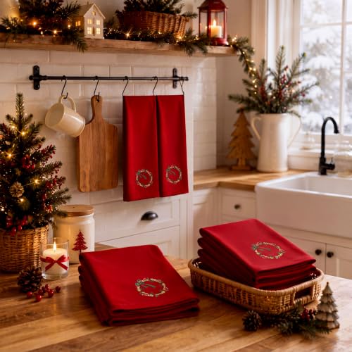 SmoothNovelty 6 Pcs Christmas Wreath Linen Napkins - Red Embroidered 18x18