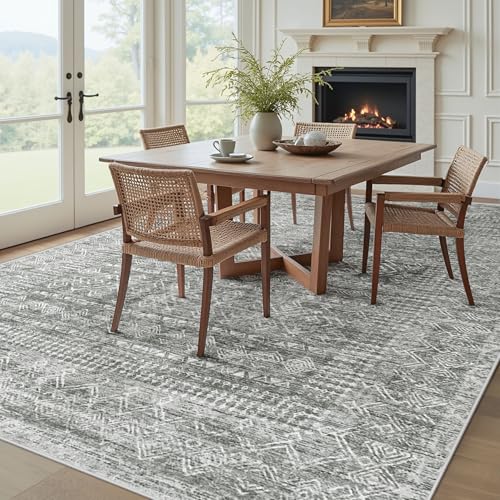 Grey 8x10 Washable Moroccan Boho Rug - Non-Slip Stain-Resistant Living Room Carpet