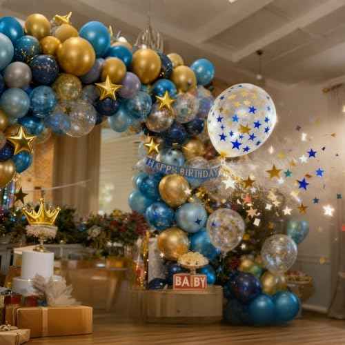Blue Gold Silver Balloons, 50 PC 12 Inch Metallic Navy Royal Light Blue Silver Gold Balloon With Star Confetti Birthday Balloons Decoration, Kids Party Balloon for Retirement Baby Shower Boys Fathers