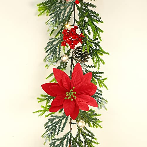 Juegoal 2 Pack 9ft Pre-lit Artificial Christmas Garland with Lights, Poinsettia & Pine Cones