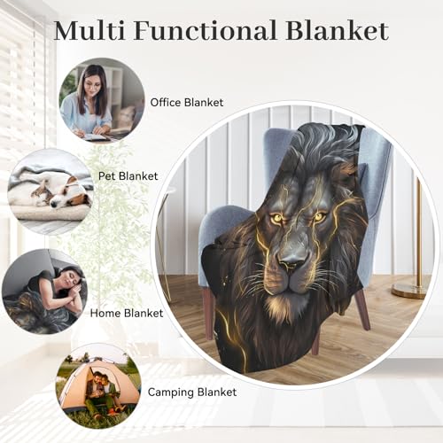 Huke Lion Gift, Cool Black Gold Blanket for Adults and Kids, Super