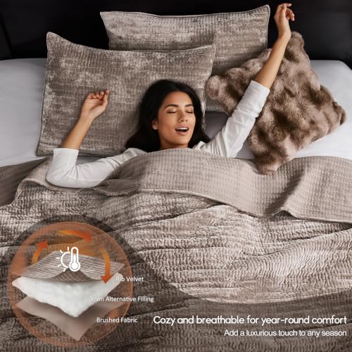 Velvet California King Quilt Set - Oversized Brown Taupe Striped Bedspread with Pillow Shams