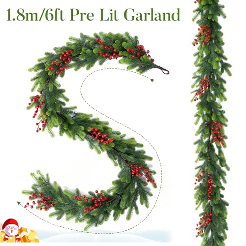 Amazqi 6FT Pre-Lit Christmas Garland with Red Berries, 30 LED Lights & 8 Modes