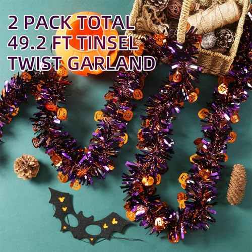 50 Feet Halloween Tinsel Garland Orange Purple Black Pumpkin Holiday Metallic Tinsel Twist Hanging Decorations for Birthday Halloween Party Supplies Indoor Outdoor Decoration (Pumpkin)