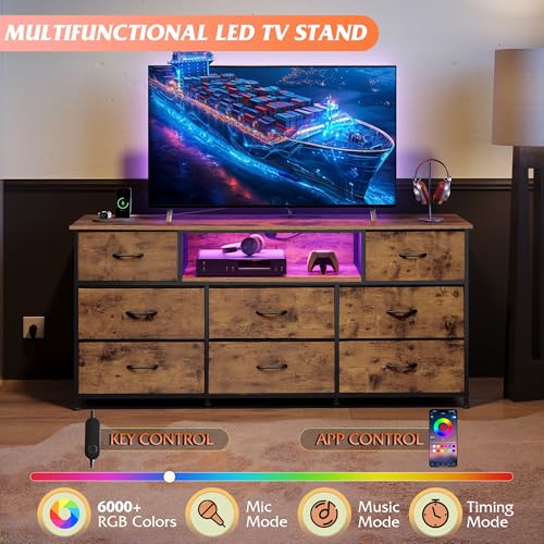 WLIVE Rustic Brown LED TV Dresser with 8 Drawers for 65 Inch TV, Storage & Lighting