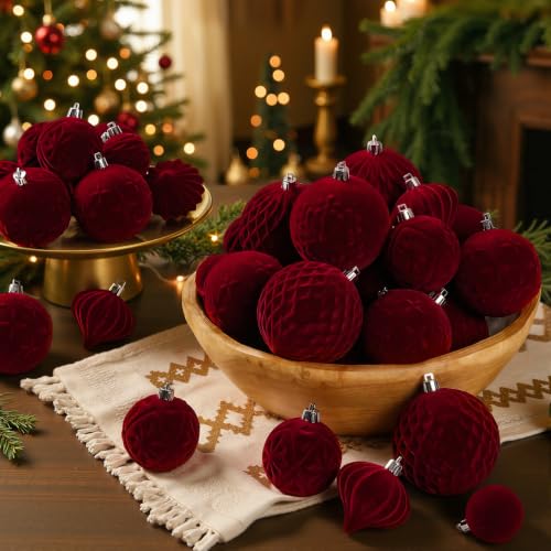 Velvet Christmas Tree Ball Ornaments Set, 80pcs, Burgundy - SHareconn