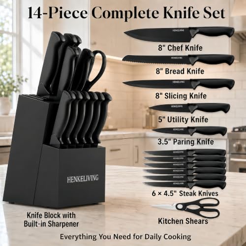 Black Kitchen Knife Block Set with Built-In Sharpener - 14 Pieces