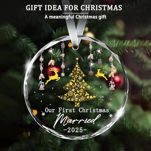 Our First Christmas Married Ornament 2025 - 3x3in Glass Gift Boxed (First Christmas Married 2025) rosulasi