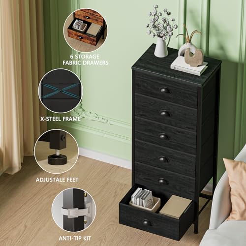 Furnulem Black Fabric Dresser with 6 Drawers - Tall Bedroom Storage, 11.5"D x 16"W x 39.6"H