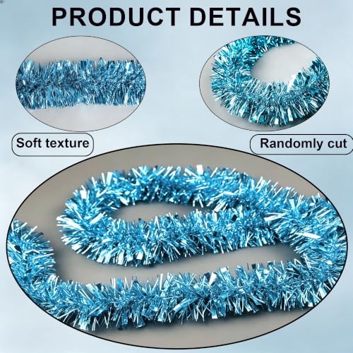 Light Blue 33ft Christmas Tinsel Garland - Shiny Metallic Twist Decor for Indoor/Outdoor