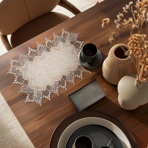 Natural Linen Placemats Set of 2 – Beige Lace Embroidered Table Mats, 13x20 Inch, Elegant Dining Decor