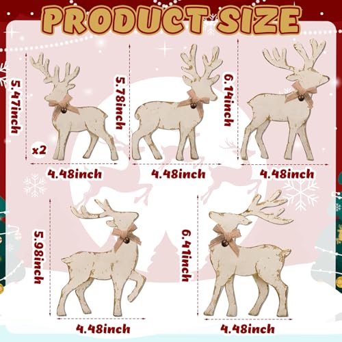 6-Piece Christmas Wooden Reindeer Centerpieces Set with Bowknots – Mantel Tabletop Decor