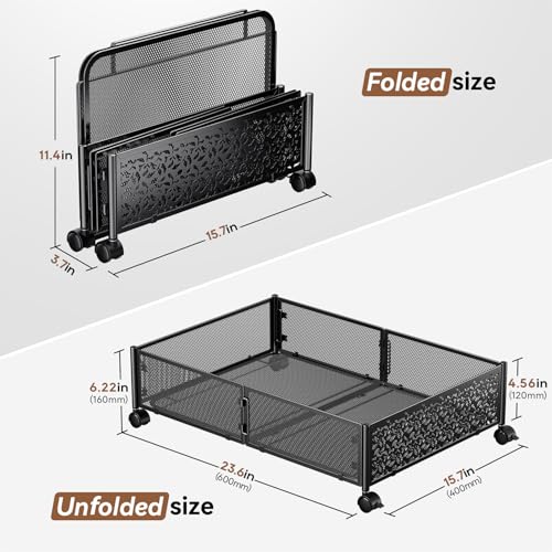 PHINOX Black Under Bed Storage with Wheels - 4 Pack, Foldable Metal Bins, 15.7x23.6"