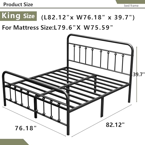Henshwon 14-Inch King Victorian Metal Bed Frame with Storage, Heavy Duty Sturdy Platform Bed, Black, Easy Assembly