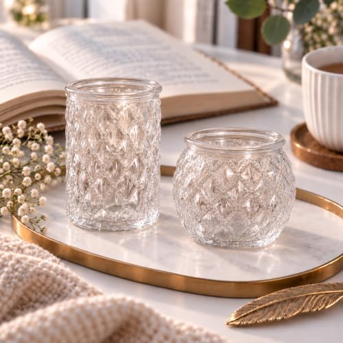 Denking 36 Pack Clear Votive Candle Holders - Mixed Cylindrical & Rounded for Centerpieces