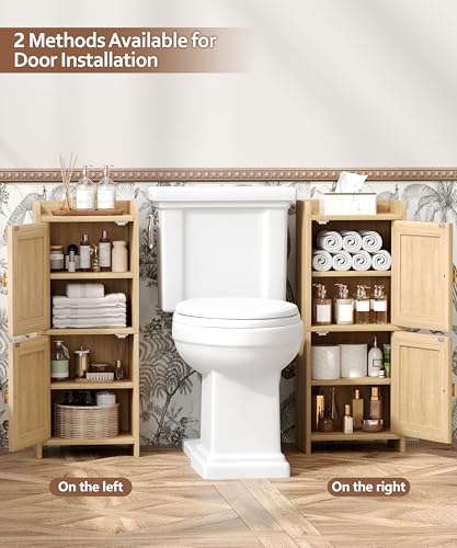 Akxomel Natural Oak Rattan Narrow Bathroom Cabinet – Compact Toilet Paper Organizer, 7.9''D x 11.8''W x 27.6''H