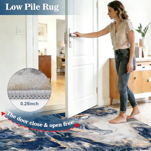 Yinhua Blue & Gold Marble Area Rug 6' x 9' Washable Living Room Bedroom Decor