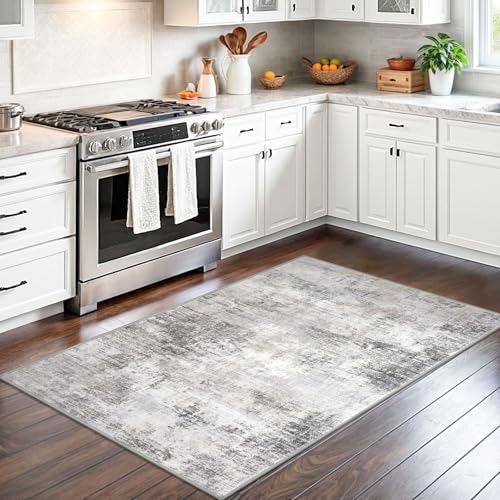 IOHOUZE 3x5 ft Washable Abstract Area Rug Grey Beige Non Slip Entryway Mat