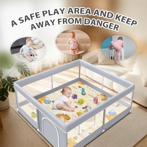Baby Playpen with Mat - 50x50 Inch Indoor & Outdoor Play Yard for Toddlers - Grey