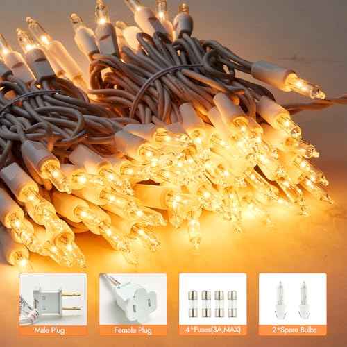 Christmas Lights,100 Count Warm White Lights with White Wire,21ft UL Certified Tree String Lights for Indoor Outdoor Christmas Decoration,Home Garden,Party Decorations