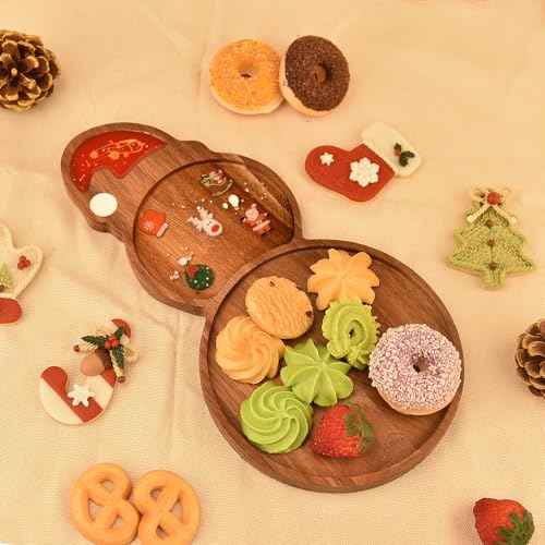 Christmas Serving Platter Mitten Shape Acacia Wood Serving Tray Charcuterie Board Handcrafted Resin Wooden Tray Snack Platters Gifts Party Supplies Wood Candy Dish (Snowman)