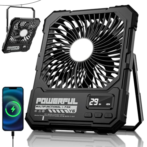 Rechargeable Battery Fan with LED Light - 20000mAh Portable Camping Fan Black