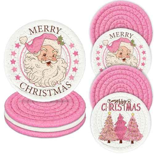 Winter Handmade Braided Cotton Coasters Merry Christmas Pink Santa Xmas Tree Absorbent Drink Coasters for Table Protection Gifts Home Party Decor, Set of 4