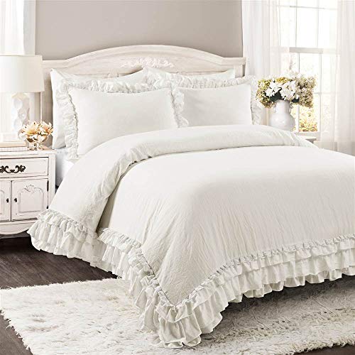 Twin Ivory Ruffle Lace Comforter Set - White Bedding with Ruffle & Lace Trim - Twin XL Variation
