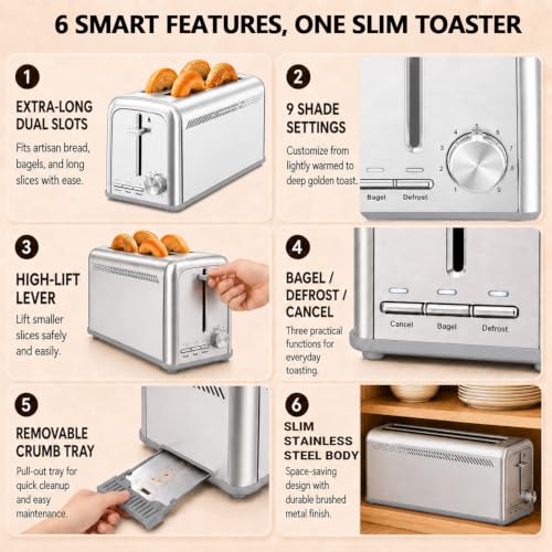 Slim 4-Slice Toaster with Long Slots & 9 Shade Settings - Silver