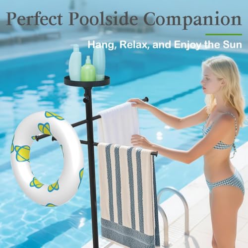 Outdoor Pool Towel Rack with Built-In Tray, Adjustable Bars & Wheels