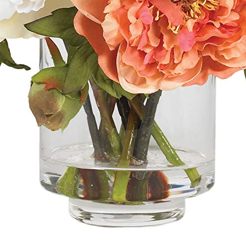 Artificial Peony Arrangement in Glass Vase - 10 Inch Assorted Blooms, Decorative Faux Flower