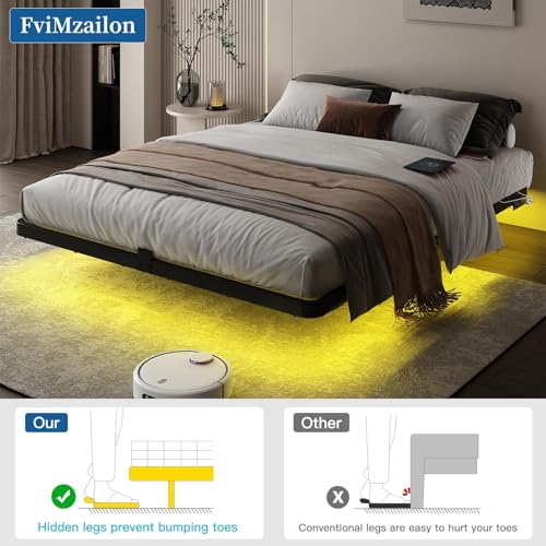 Queen Size Floating Bed Frame with RGB LED Lights & Charging Station - Modern Metal Platform Bed, No Box Spring Needed, Easy Assembly