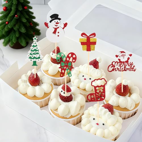 Tauywolci Christmas Style 24 PCS Glitter Cupcake Toppers - Santa Snowman Xmas Decorations