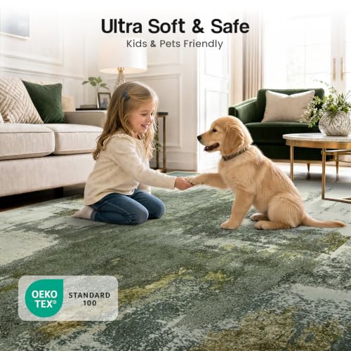 Kelarea 6x9 Green Washable Area Rug Non-Slip Low Pile Abstract Home Decor