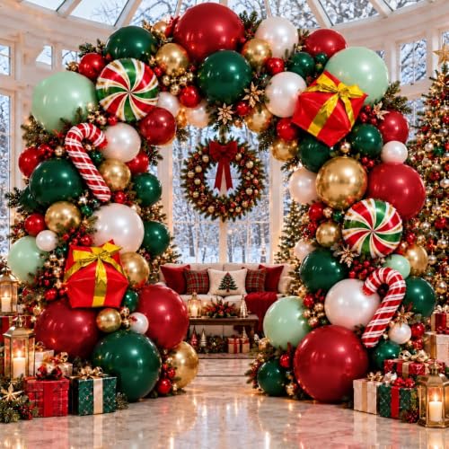 Pinbra Christmas Balloon Arch Kit Red Green Gold Double Stuffed Balloons Holiday Decor